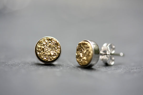 Gold drusy stone round stud earrings