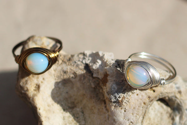 Opalite Wire-wrapped Ring – Choice of Brass or Silver