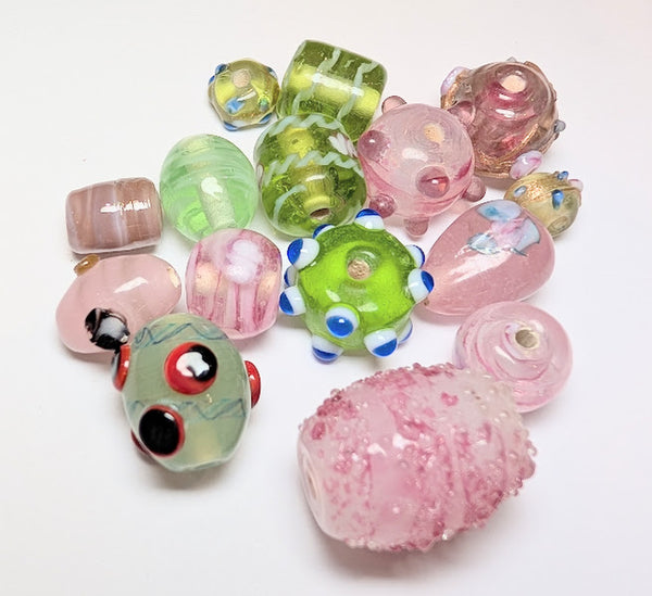 Indian Glass Bead Mix - Green & Pink