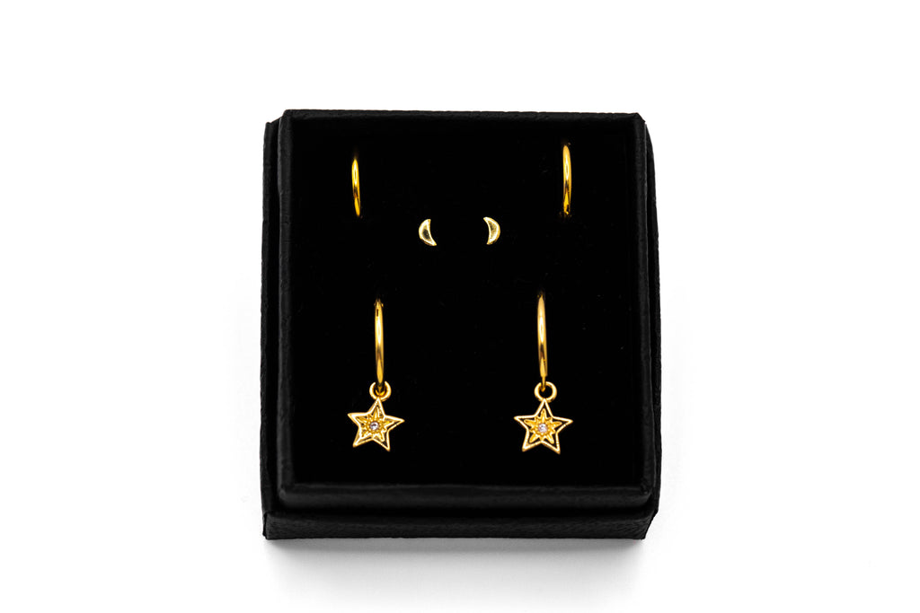 Stud and Hoop Gift Set - Gold Moon and Stars