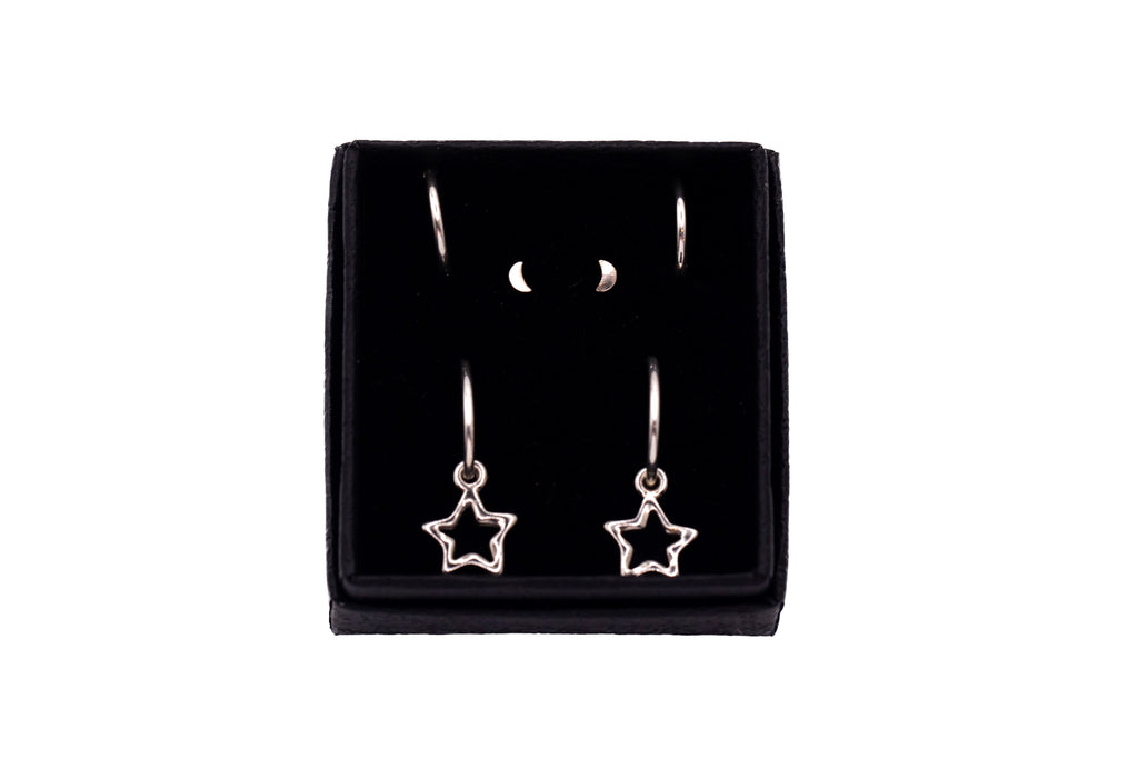 Stud and Hoop Gift Set - Silver Moon and Stars