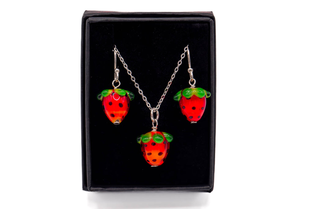 Handmade Strawberry Necklace and Earring Gift Set