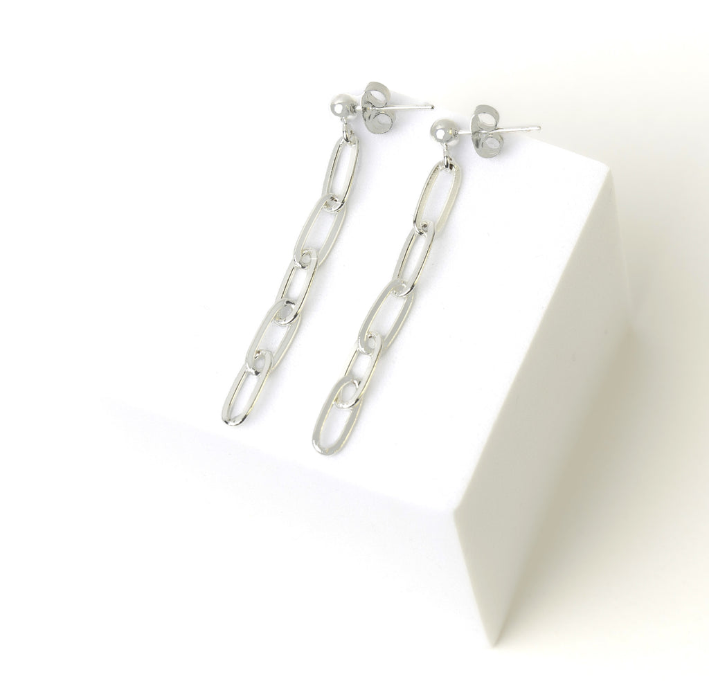 Paperclip Chain Earrings, Medium, Silver Plated
