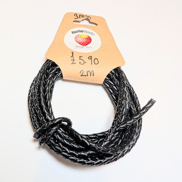 Black Woven Leather Cord (Plaited) – 3mm (2 meters)