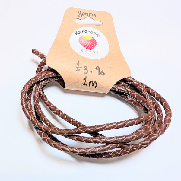 Brown Woven Leather Cord (Plaited) – 3mm (1 meters)