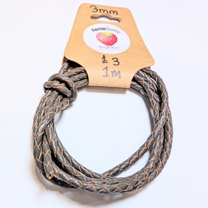 Dark Grey/Brown Woven Leather Cord (Plaited) – 3mm (1 meters)