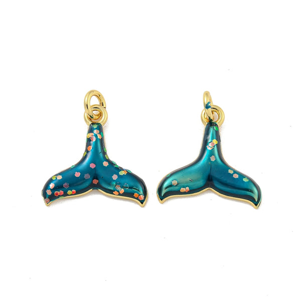 18K Gold Plated Brass Enamel Teal Fishtail Charm
