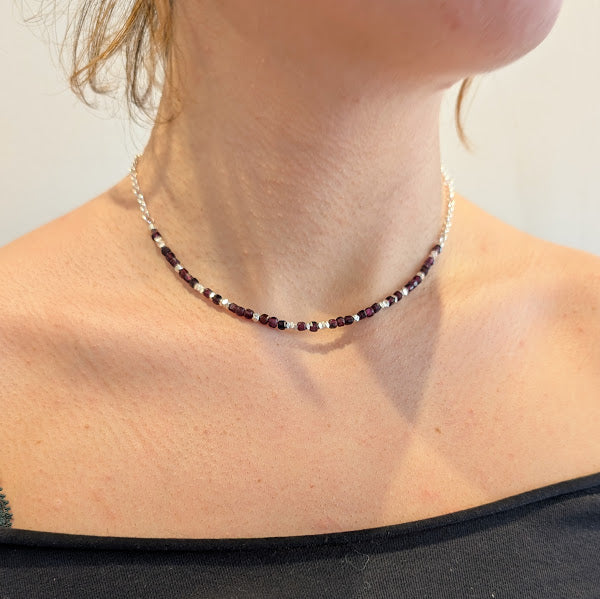 Garnet cube & Silver Necklace