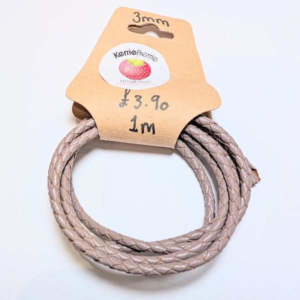 Grey Woven Leather Cord (Plaited) – 3mm (1 meters)
