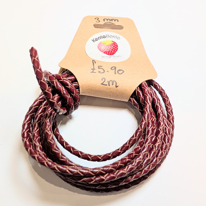 Red/Brown Woven Leather Cord (Plaited) – 3mm (2 meters)