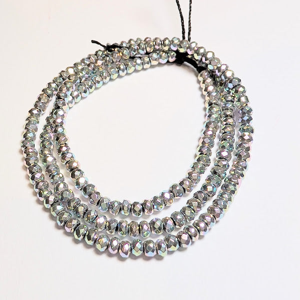 Iridescent Silver/ Pink / Green Faceted Rondel Hematite Beads – 3.2mm x 2.2mm