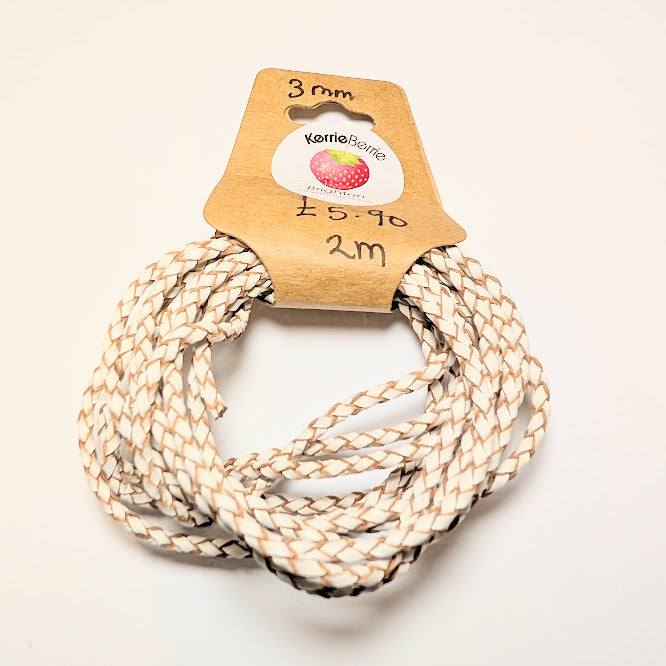 White Woven Leather Cord (Plaited) – 3mm (2 meters)