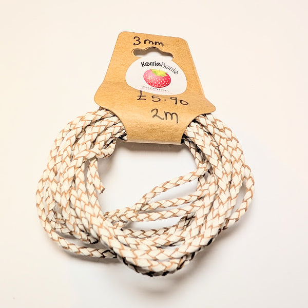 White Woven Leather Cord (Plaited) – 3mm (2 meters)