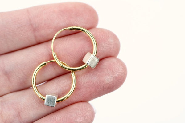 15mm Gold Hoops with Silver Cube