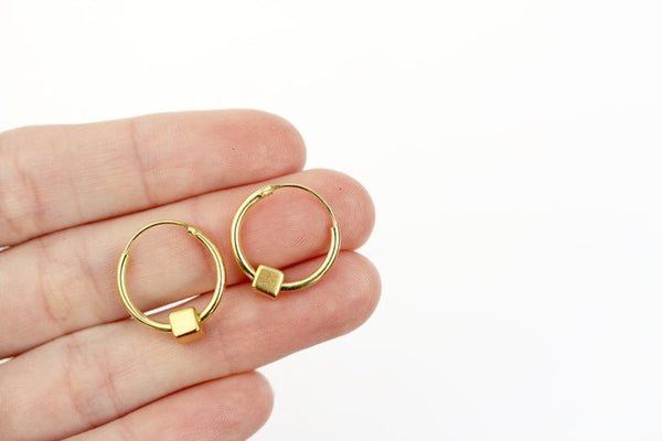 15mm Gold Hoops with Gold Cube