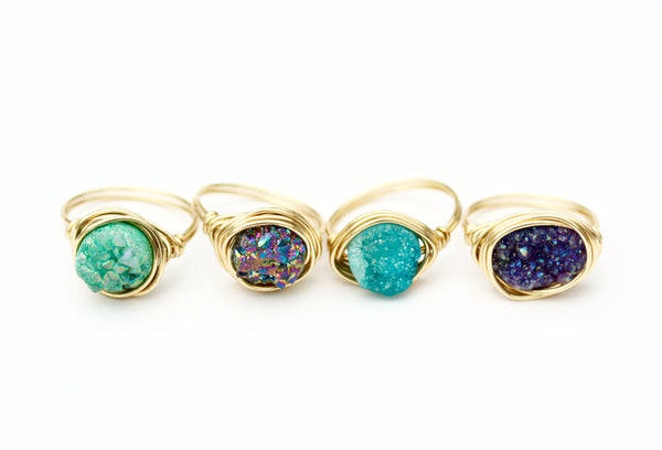 Gold Drusy Stone Wire Wrap Rings -  Made To Order