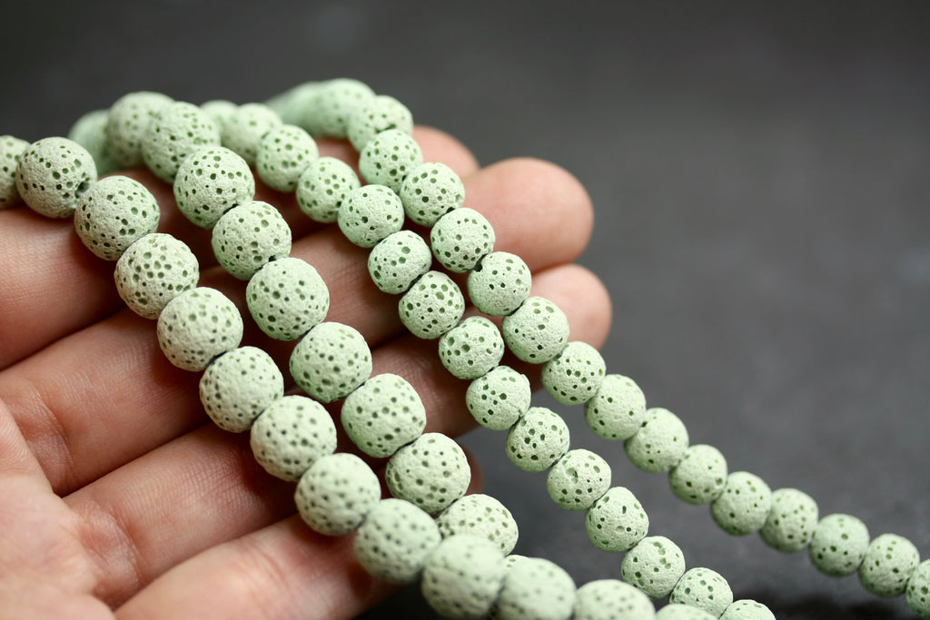 6mm and 8mm green round unwaxed natural lava stone beads, diffuser jewellery beads, mala beads.