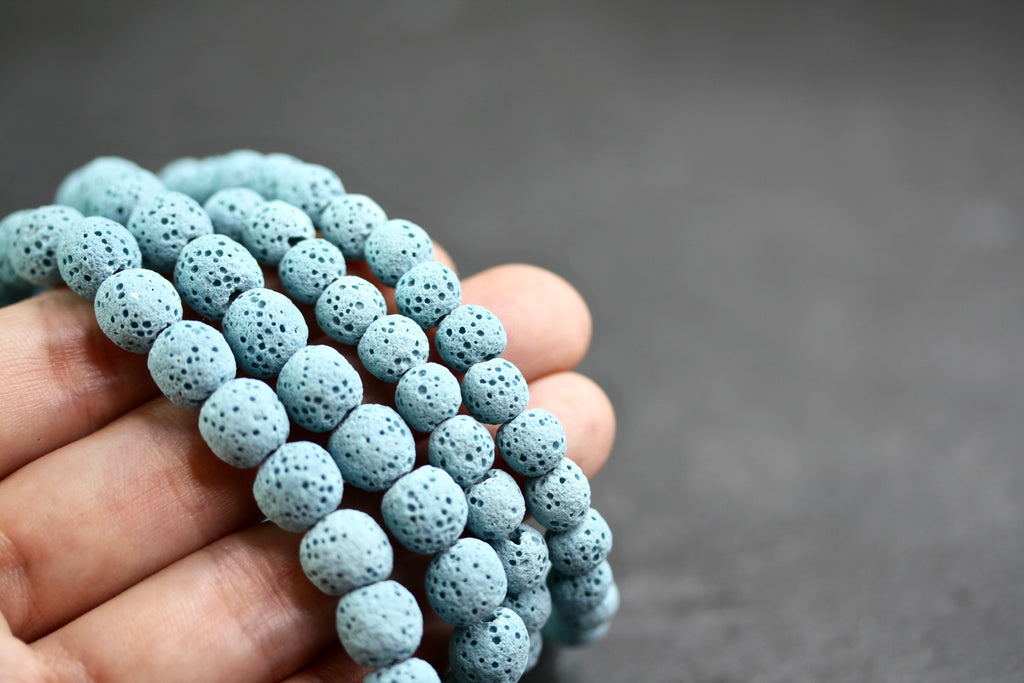 6mm and 8mm blue round unwaxed natural lava stone beads, diffuser jewellery beads, mala beads.