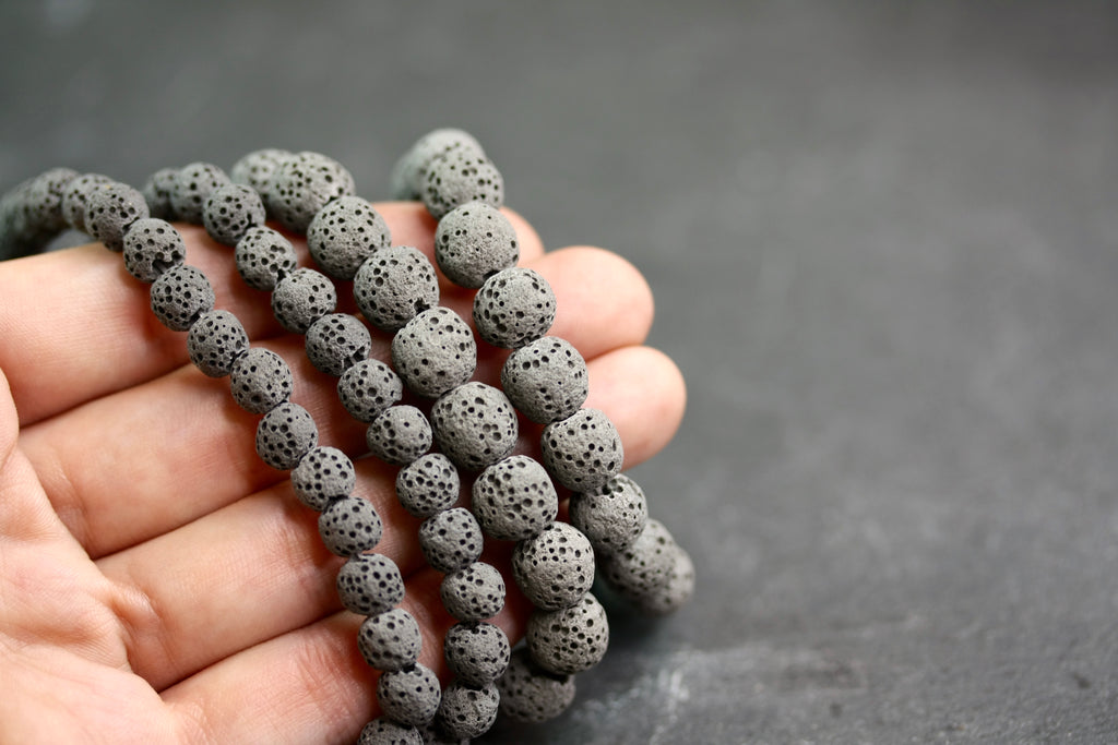 6mm and 8mm black round unwaxed natural lava stone beads, diffuser beads, mala beads.