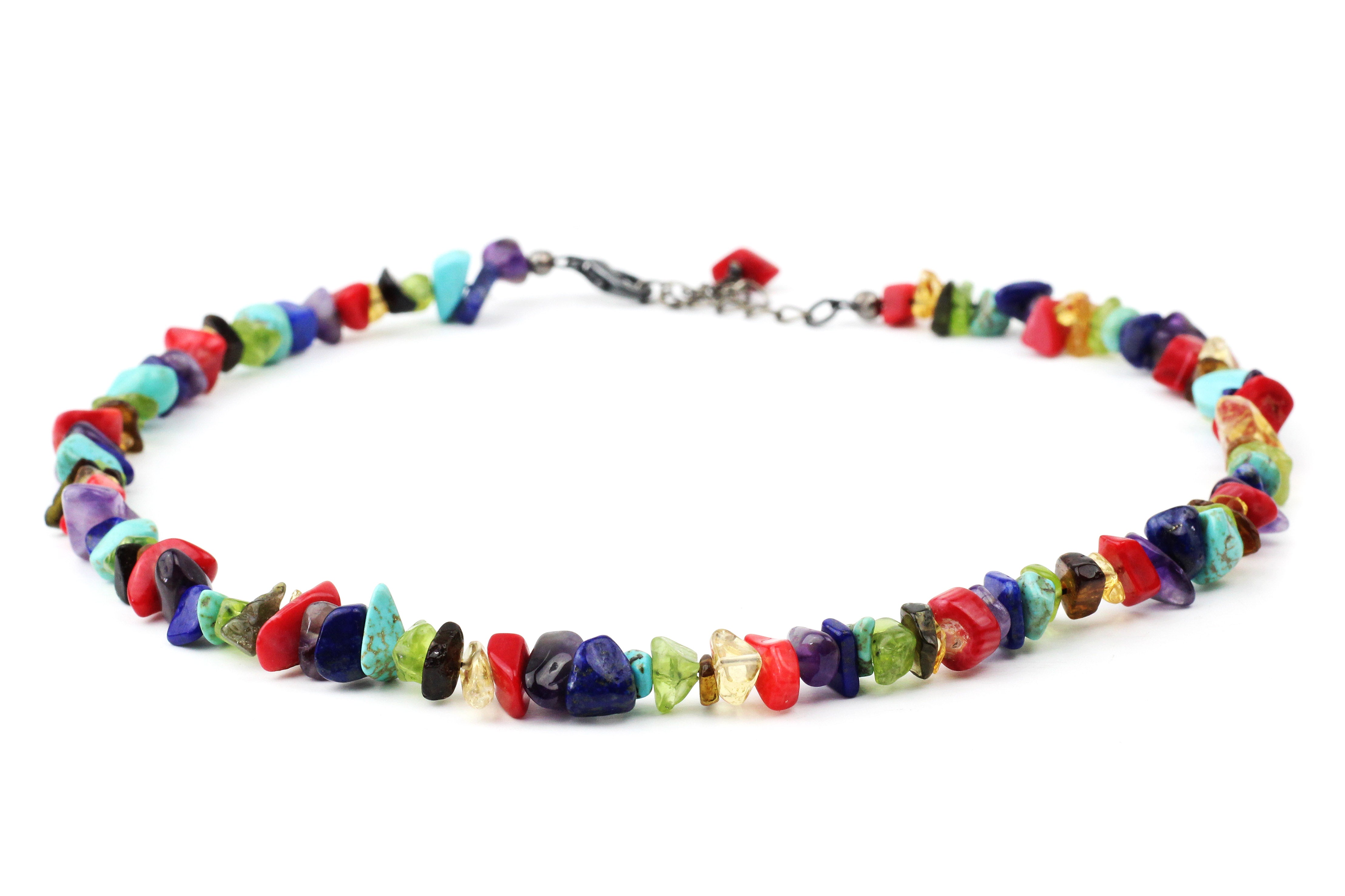 Handmade Rainbow Chakra Multi-Coloured Pendant Choker Necklace - Silver Plated, Adjustable 13"+2" Chain With Gift Bag