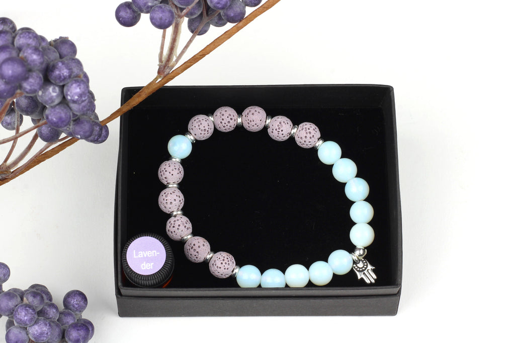 Lava Stone, Opalite and Hamsa Hand Diffuser Bracelet (Gift Boxed w/ Lavender Essential Oil)