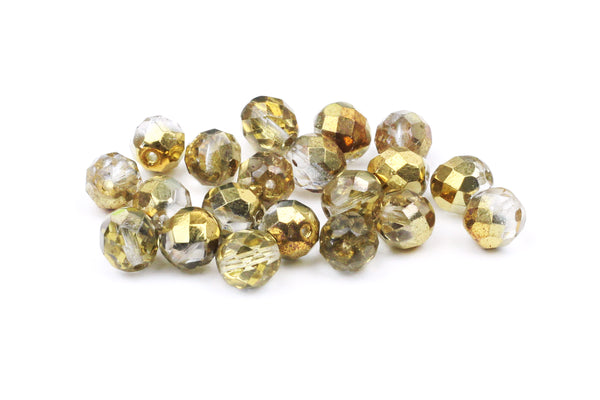 Gold Foil Czech Glass Round Faceted Beads 6mm for Beading and Jewellery Making