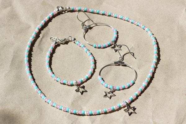This Month's JEWELLERY KIT – Seed Bead & Silver Star Jewellery Kit / Makes Necklace, Bracelet & Earrings