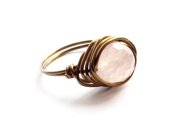 Rose Quartz and Brass / Bronze Wire-wrapped Ring – October Birthstone