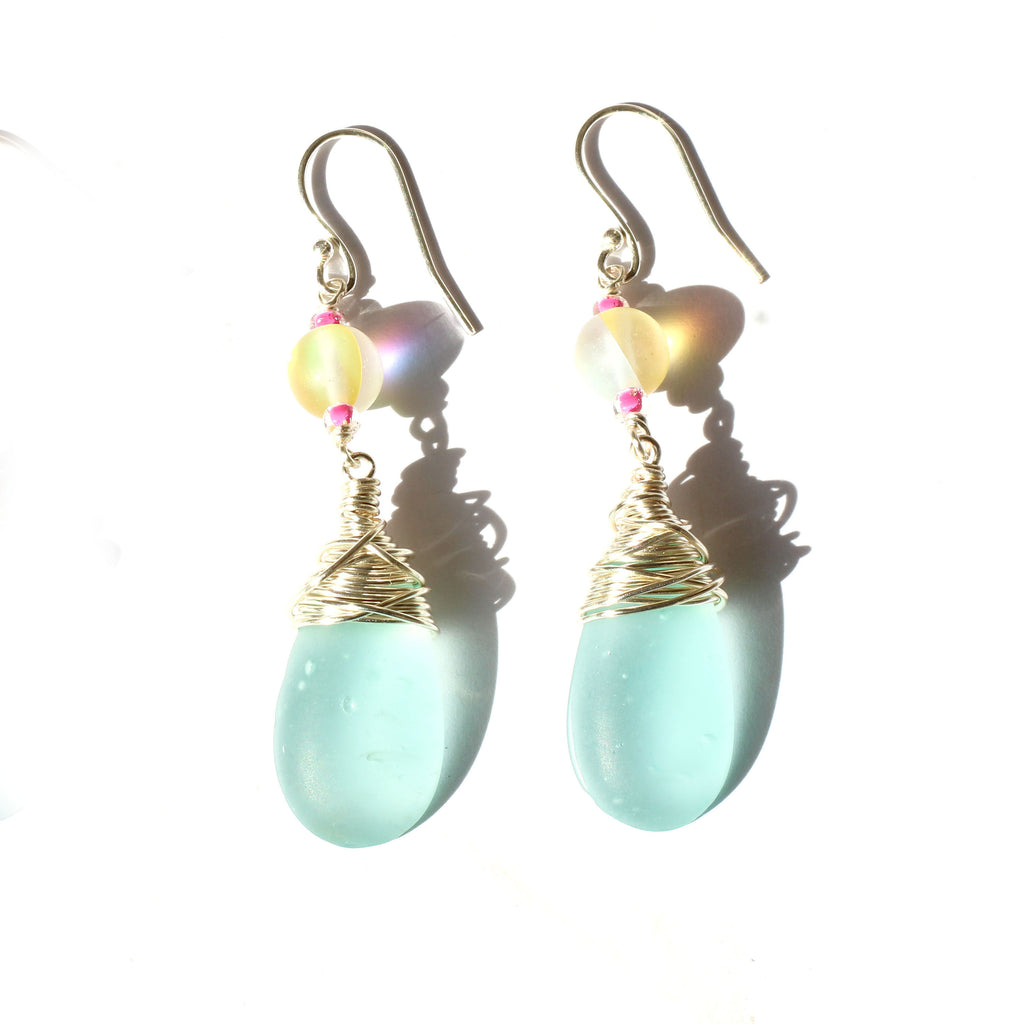 Turquoise 'Seaglass' Austrian 'Glow Bead' Drop Earrings – CHOICE of Silver or Gold