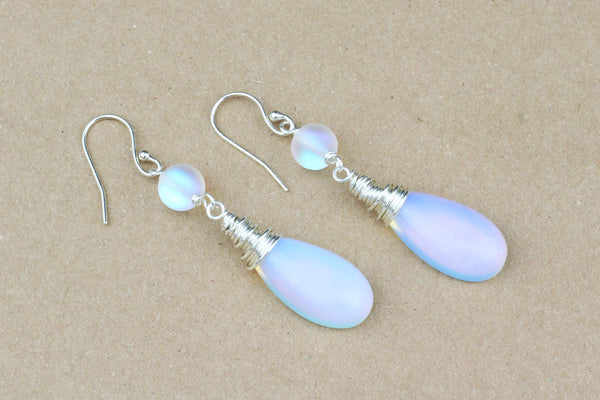 Wire-wrapped Silver, Opalite and Glow Bead Drop Earrings