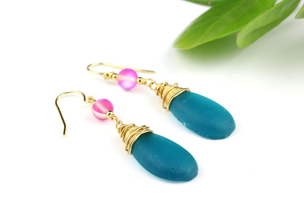 Kerrie Berrie Austrian Glow Glass Bead Drop Earrings in Teal and Pink