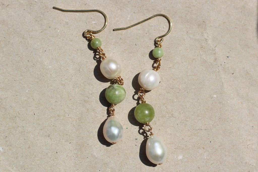 Kerrie Berrie Handmade Gold Earrings Made from Real Pearls and Olivine Peridot Beads