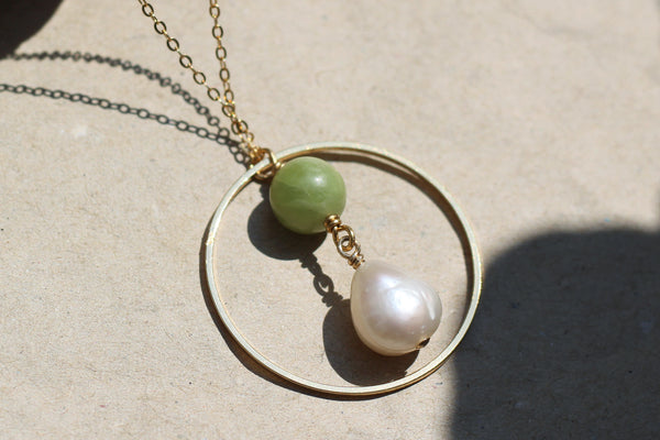 Kerrie Berrie Handmade Gold Necklace Made from Real Pearls and Olivine Peridot Beads