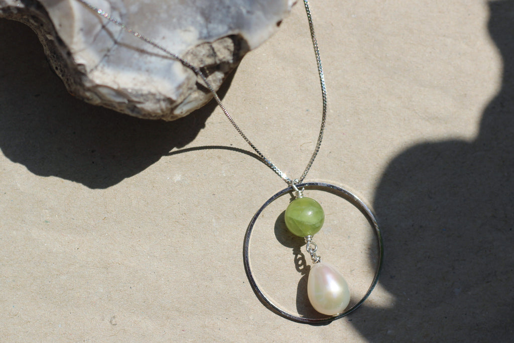 Kerrie Berrie Handmade Silver Necklace Made from Real Pearls and Olivine Peridot Beads