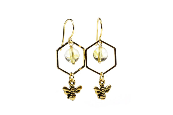 Gold Plate Bee and Citrine Handmade Drop Dangle Earrings 