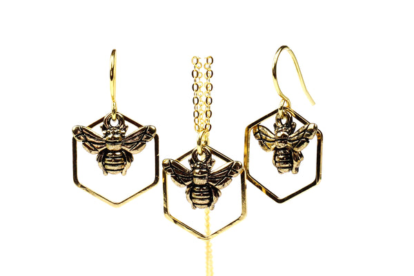 Gold-Plated Bumble Bee Necklace and Earrings Gift Set