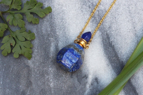 Kerrie Berrie Lapis Lazuli Perfume Bottle Necklace with Gold Plated Chain