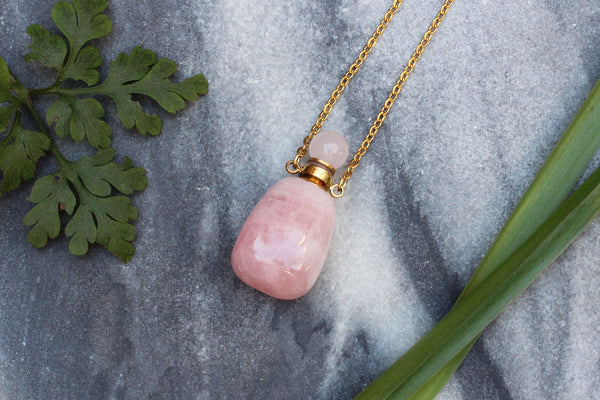 Kerrie Berrie Rose Quartz Perfume Bottle Necklace with Gold Plated Chain