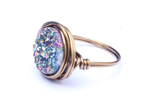 Druzy Crystal Brass Wire-wrapped Ring – CHOICE OF COLOURS