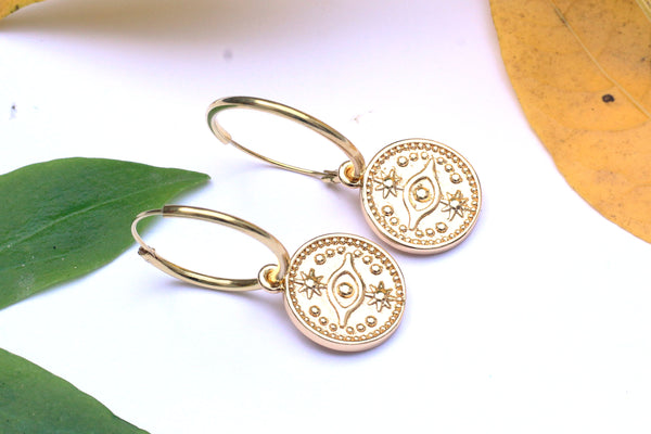 Gold Coins on Gold Filled Hoop Earrings.
