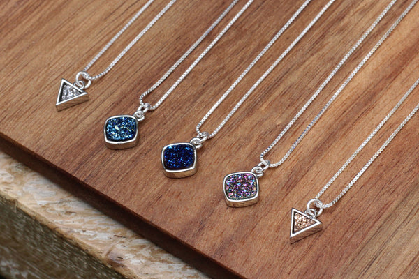 Druzy Crystal Silver Necklace with 16" Sterling Silver chain – CHOICE OF COLOURS