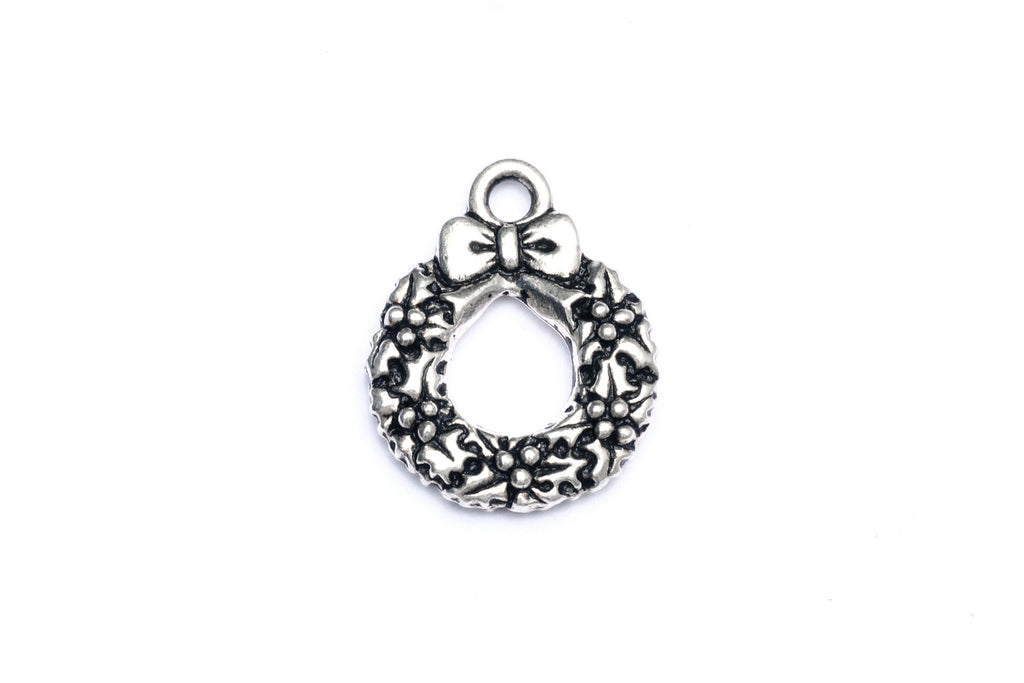 Silver Christmas Wreath Charm. Ideal for jewellery making and other festive crafts.